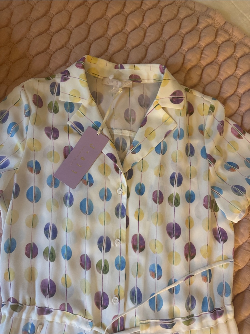 Dot Print Cream Midi Shirt Dress with Blue, Purple & Green Dot Print - Picture 3 of 4